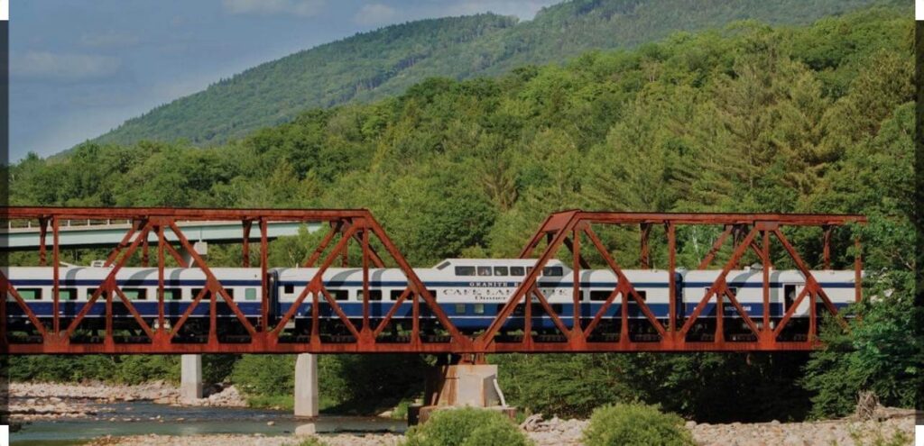 The Layfaette Dinner Train in New Hampshire driving over the Pemi river