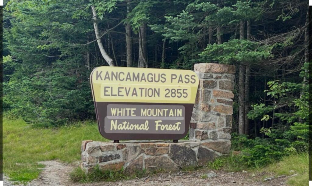 Kancamagus Pass sign in the White Mountain National Forest in New Hampshire