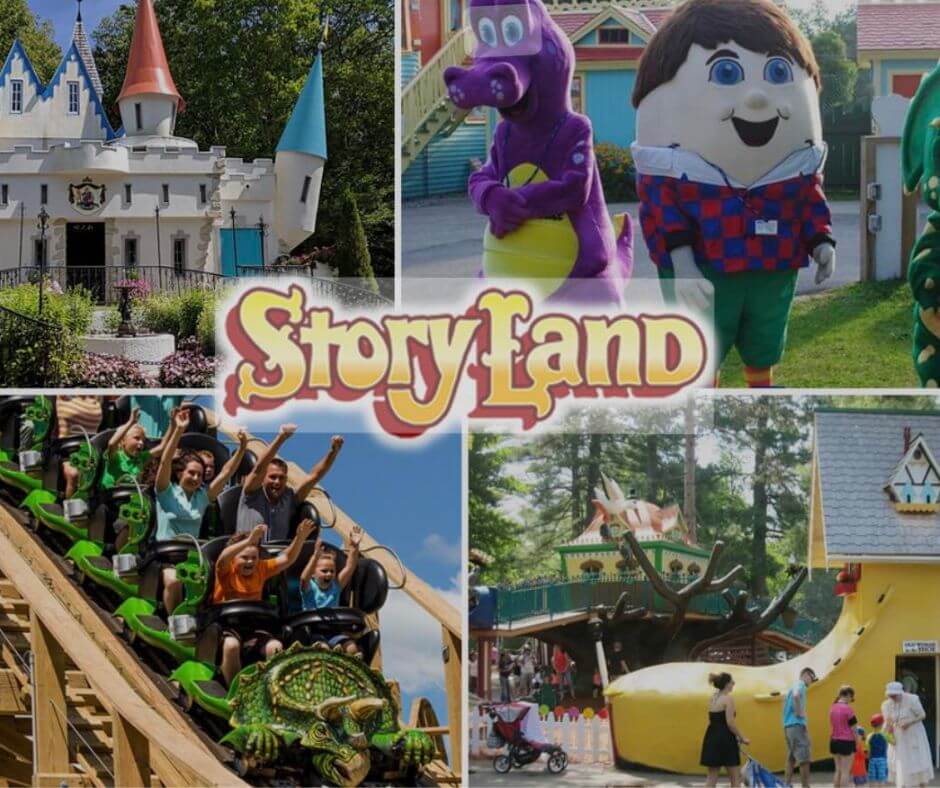 Story Land sign featuring a castle, humpty dumpty, the old lady in a shoe and a dragon coaster