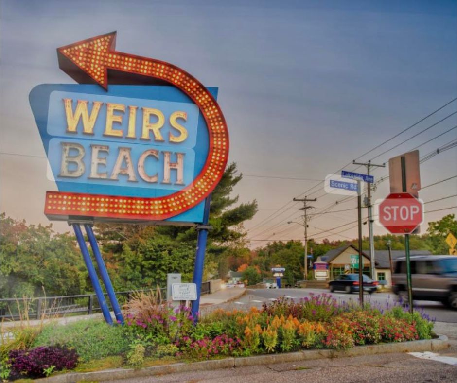 The Weirs Beach sign in Weirs Beach on lake Winnipesaukee in Laconia NH