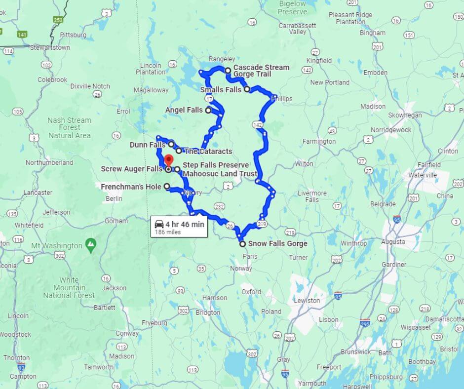 map of wester Maine's waterfall loop