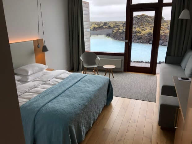 inside the room at the silica hotel with a view of the blue lagoon